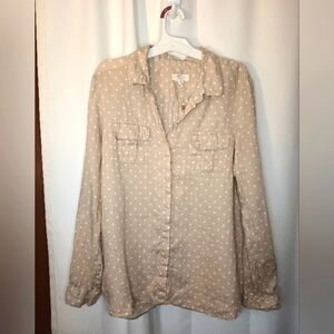 Charter Club Luxury Linen Top Large Button Pocket Polka Dot Neutral Beige NWOT